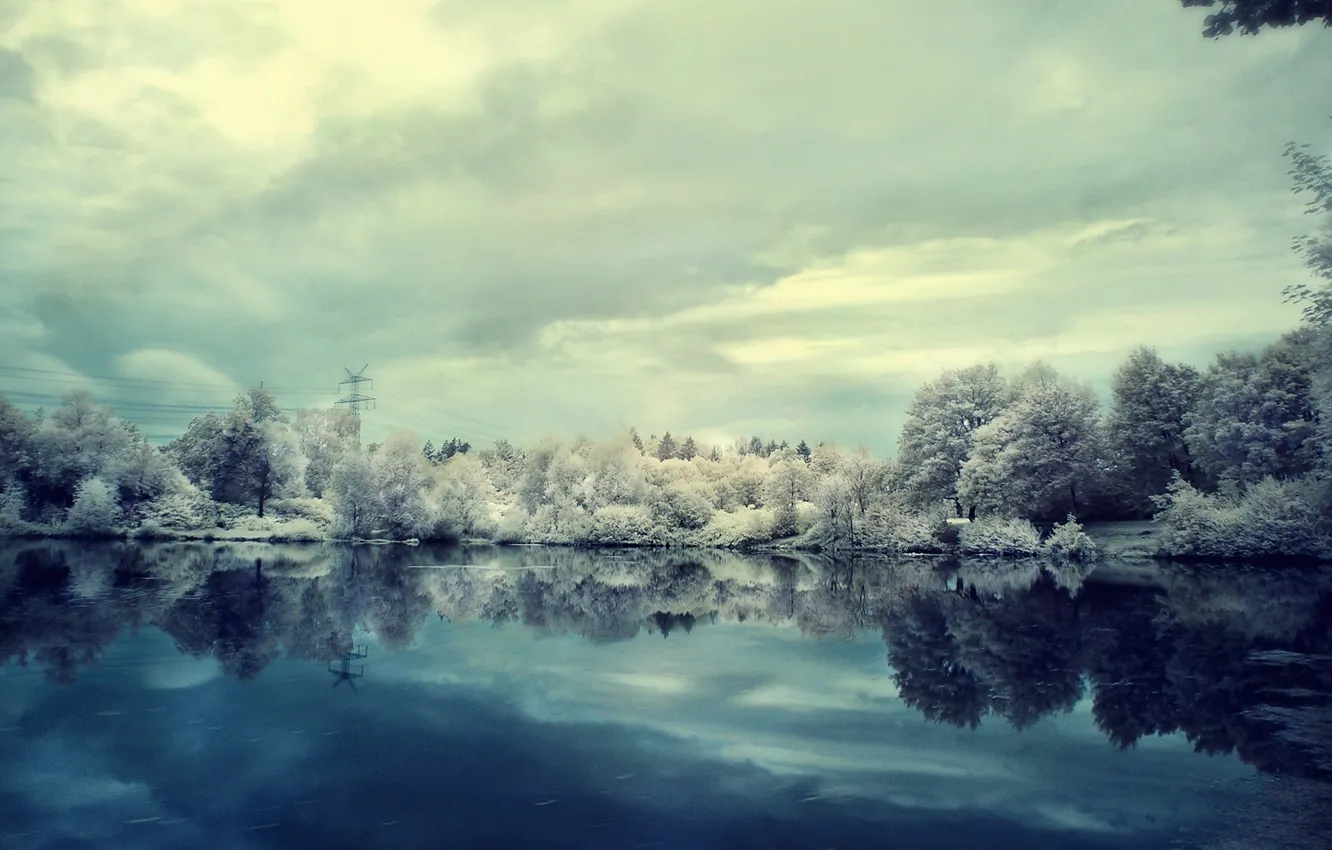 Фото обои зима, иней, облака, снег, деревья, озеро, пасмурно