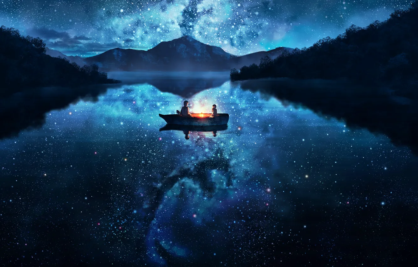 Фото обои небо, вода, девушка, звезды, деревья, горы, ночь, природа