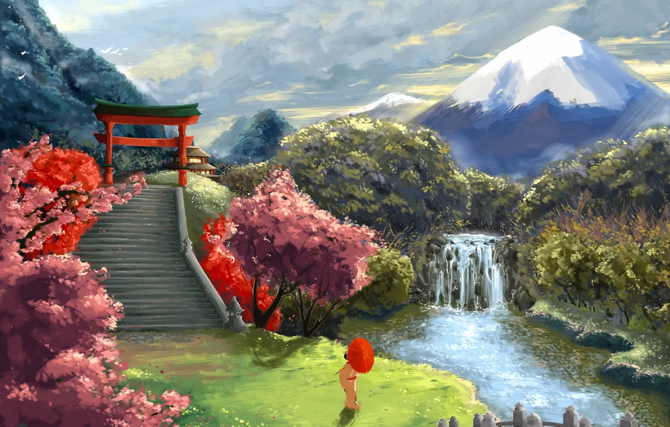 Фото обои пейзаж, река, азия, гора, водопад, зонт, сакура, арт