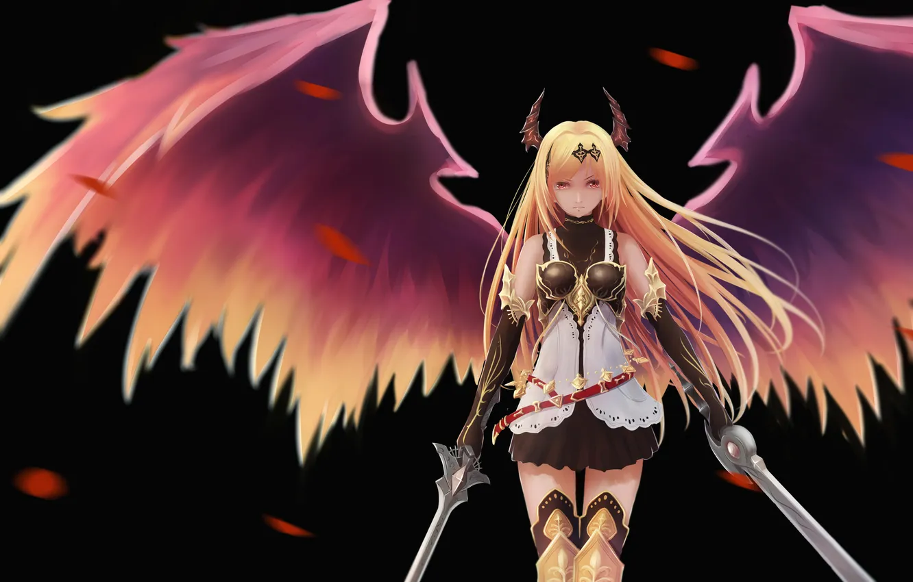 Фото обои взгляд, девушка, оружие, фон, злость, крылья, art, shingeki no bahamut