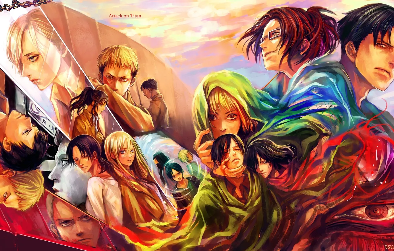 Фото обои девушки, солдаты, парни, art, levi, tsuyomaru, mikasa ackerman, eren jaeger