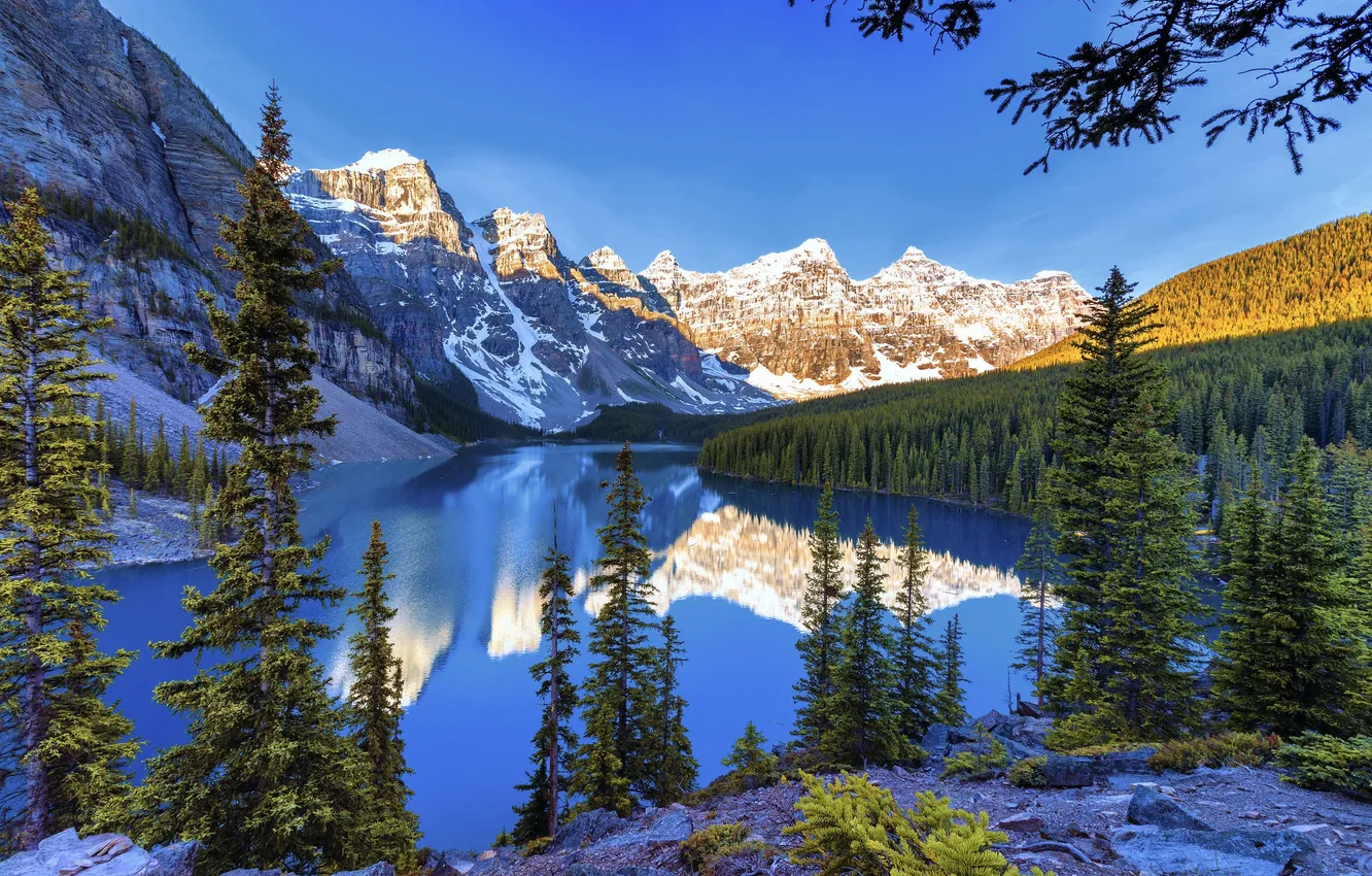 Фото обои снег, деревья, пейзаж, горы, озеро, красота