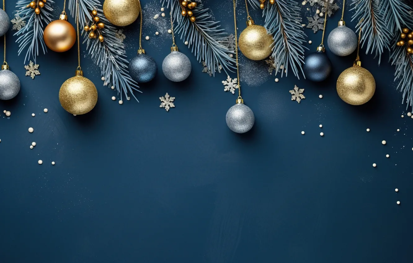 Фото обои снежинки, фон, шары, Новый Год, Рождество, golden, new year, happy