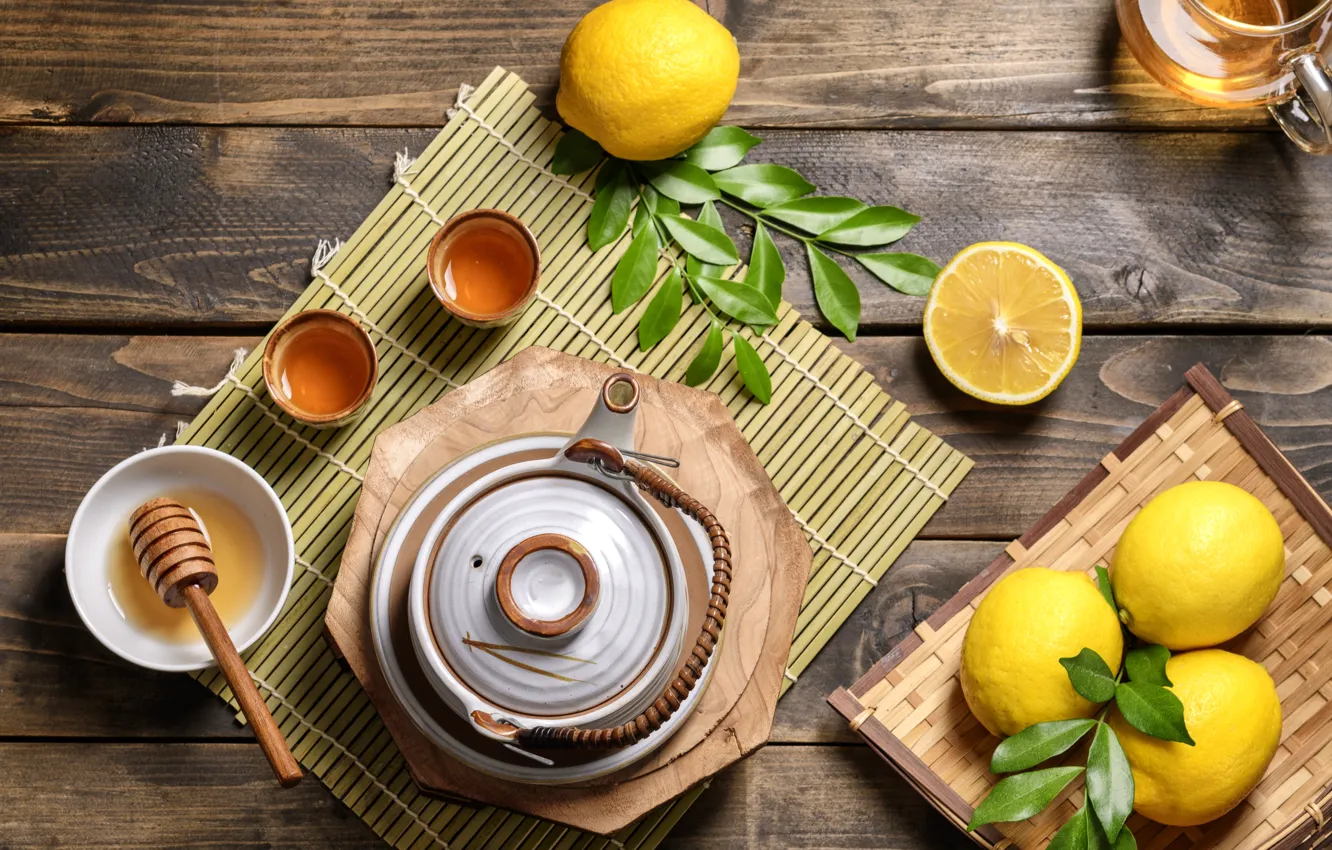 Фото обои лимон, чай, мед, напиток, мята