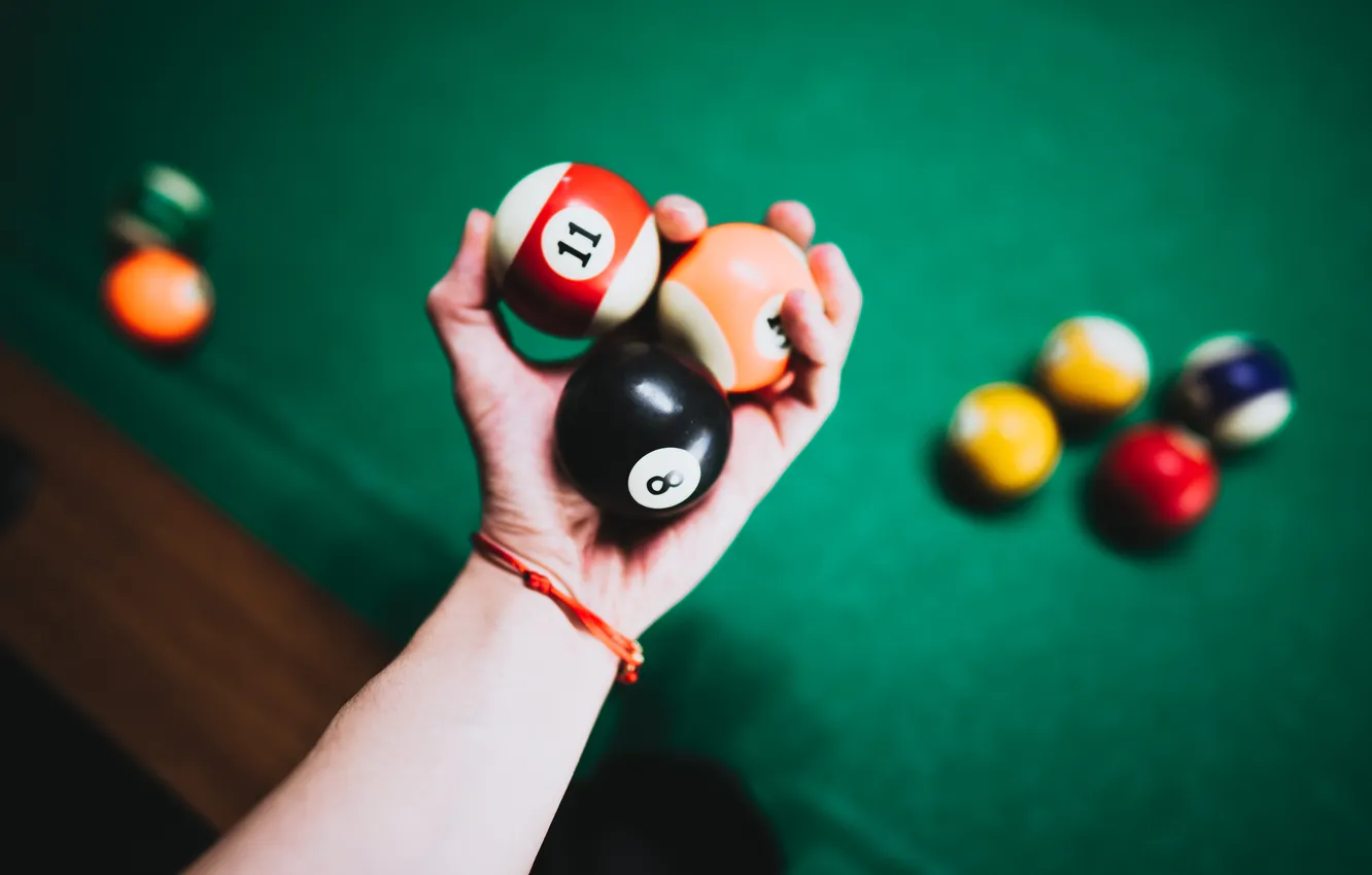 Фото обои colors, balls, hand, Pool table