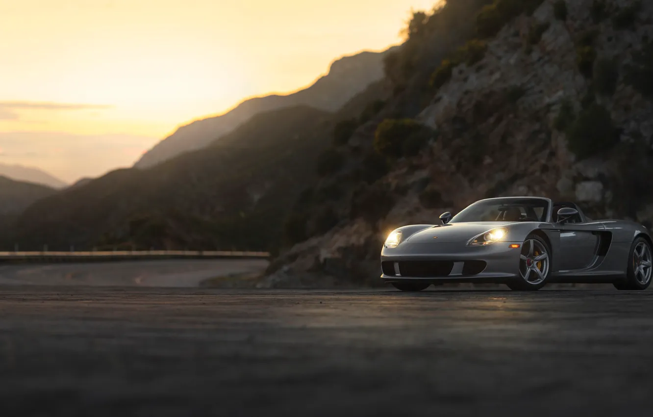 Фото обои Porsche, sunset, Porsche Carrera GT, headlights