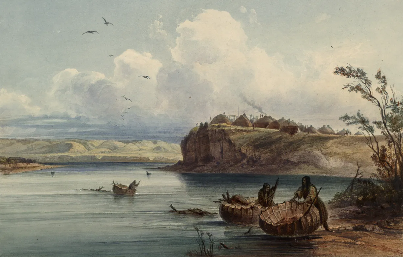 Фото обои картина, живопись, painting, Karl Bodmer, Бодмер, 1843, A Mandan village