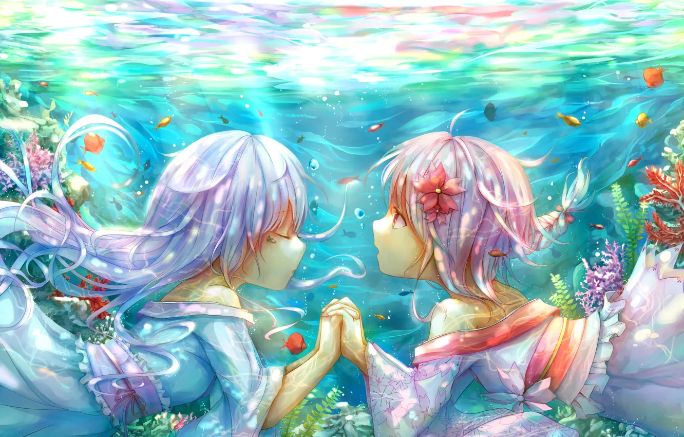 Фото обои рыбки, цветы, девушки, аниме, арт, кимоно, под водой