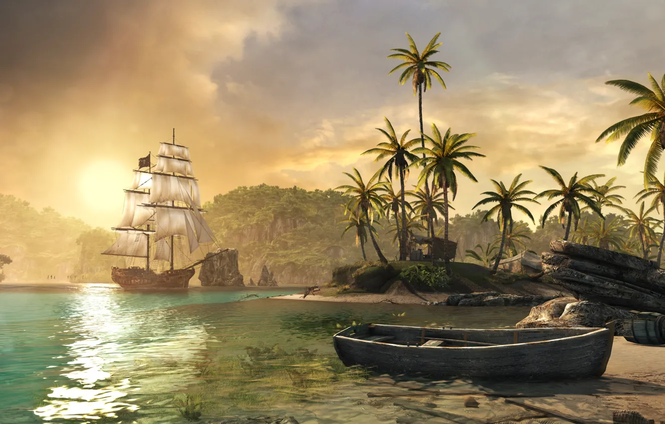 Фото обои корабль, остров, Black Flag, Assassin's Creed IV