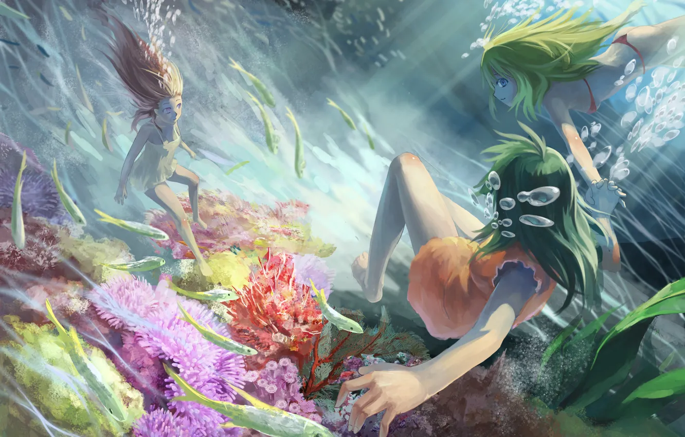Фото обои рыбы, девушки, под водой, Azoth