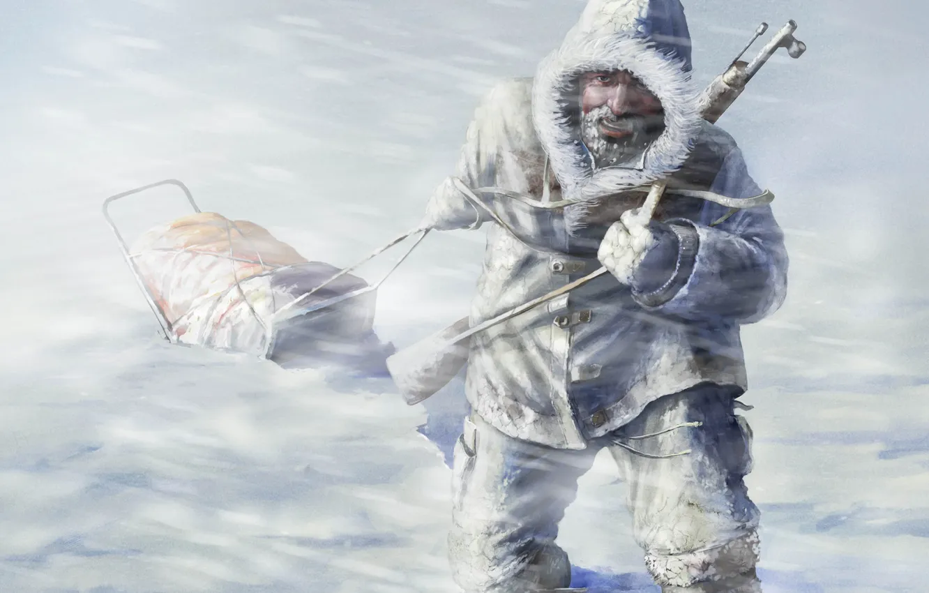 Фото обои снег, человек, мужчина, ружье, сани, метель, Cryostasis, The Sleep of Reason