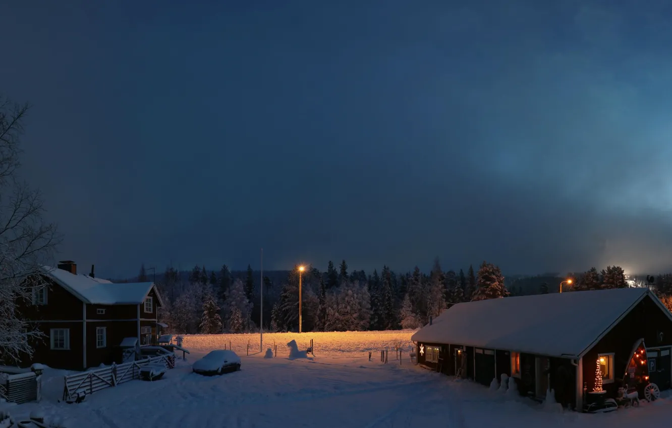 Фото обои зима, снег, рассвет, утро, домики, Финляндия, Лапландия