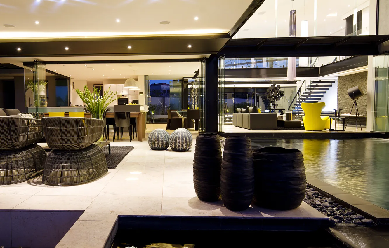 Фото обои цветы, стол, диван, мебель, интерьер, бассейн, освещение, стул