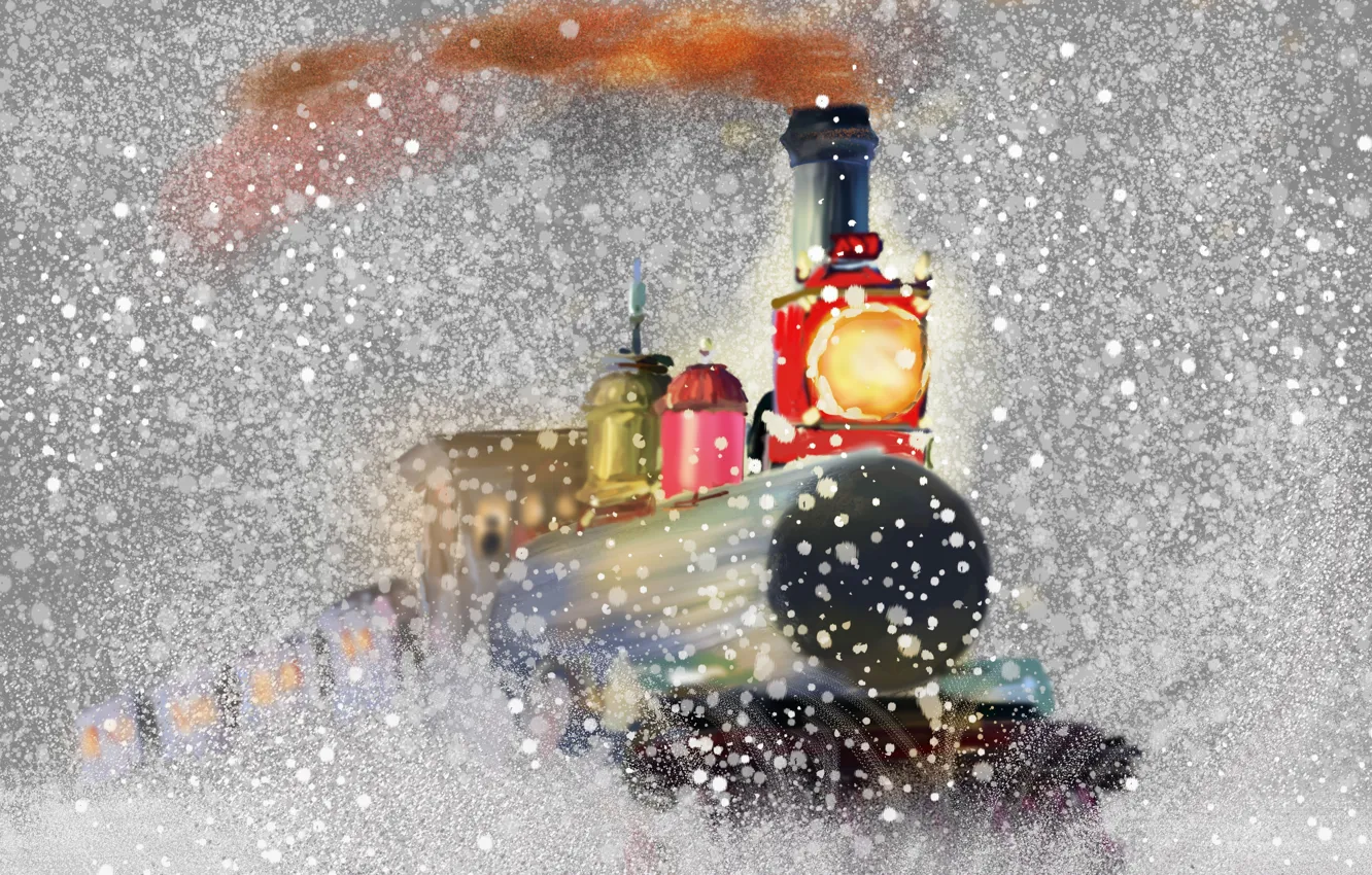Фото обои снег, праздник, паровоз, картина, рождественский экспресс