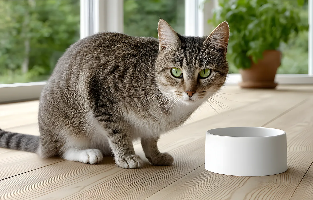 Фото обои кошка, кот, взгляд, поза, серый, окно, миска, мордашка