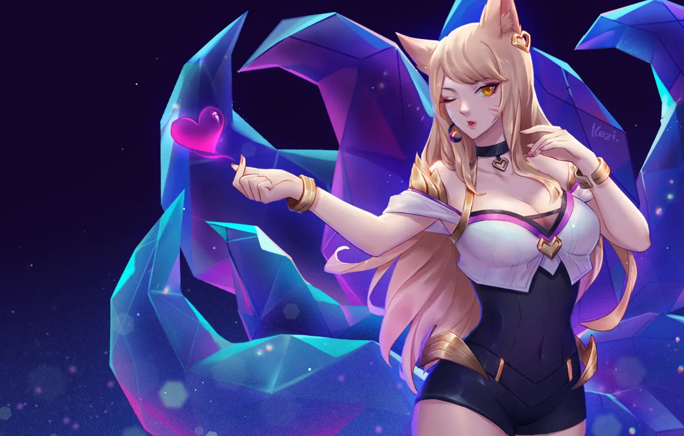 Фото обои девушка, сердечко, хвосты, Ahri, League Of Legends