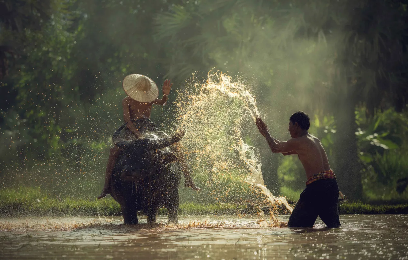 Фото обои man, child, asian, villager