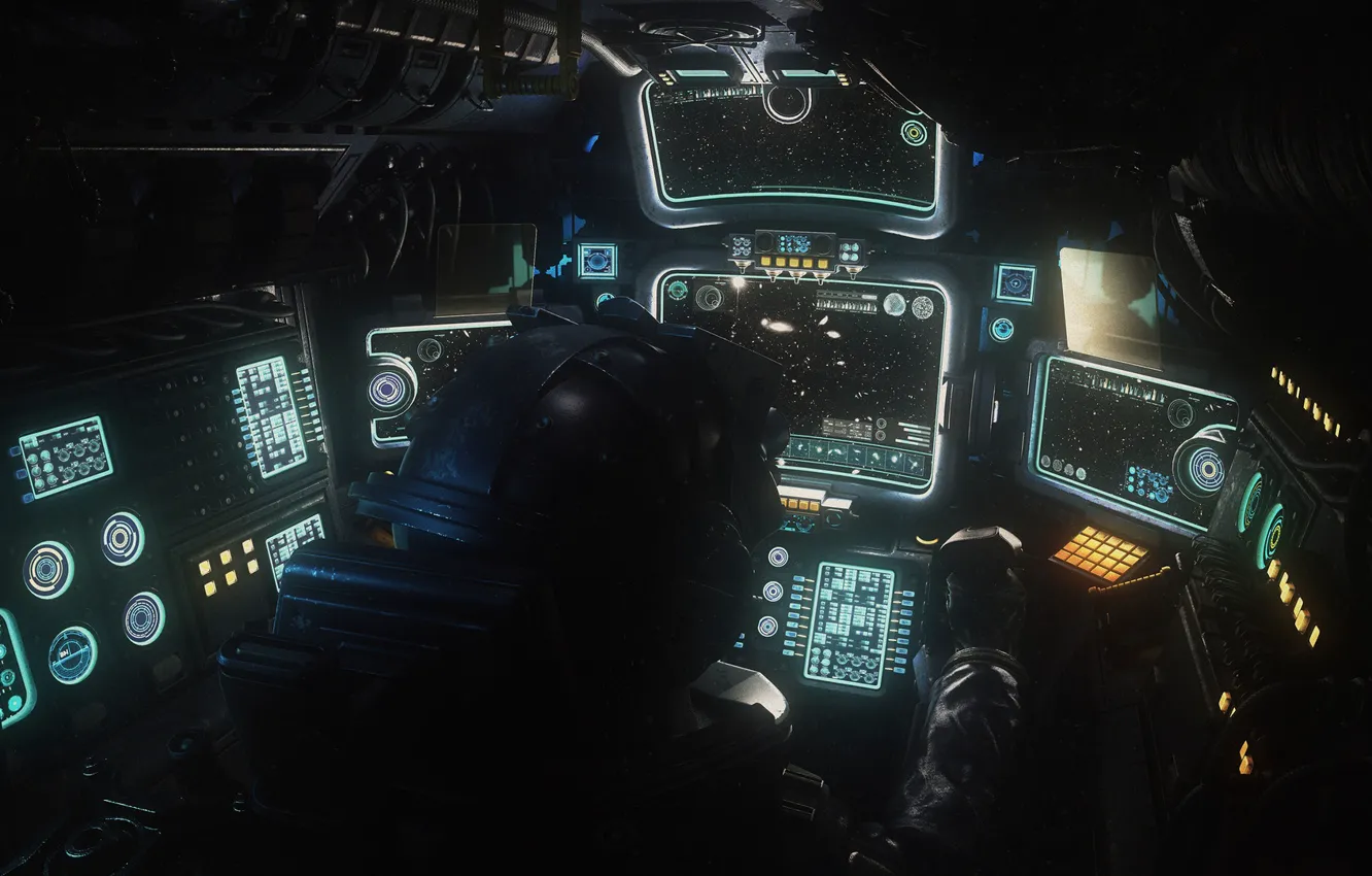 Фото обои звёзды, приборы, кабина, пилот, Military Space cockpit done