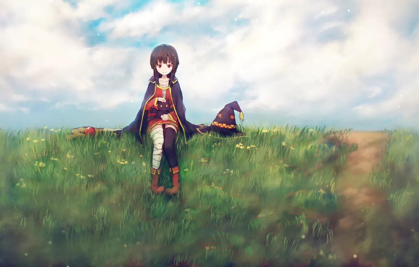 Фото обои трава, девушка, улыбка, шляпа, маг, посох, сидит, anime