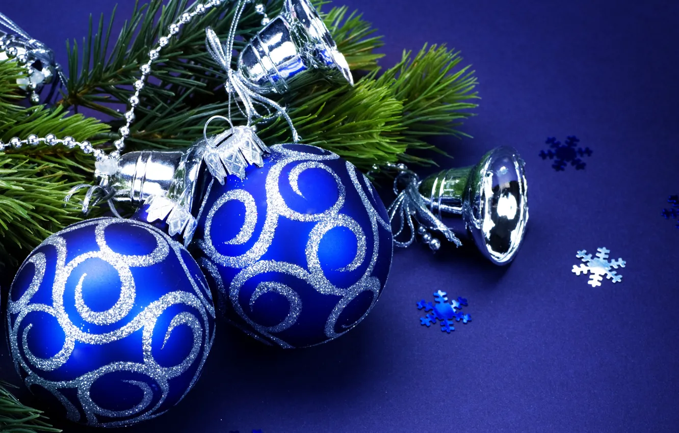 Фото обои снежинки, шары, игрушки, елка, ветка, блестки, Новый Год, Рождество