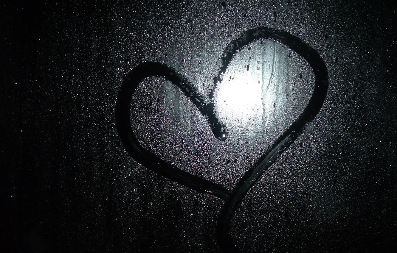 Фото обои стекло, капли, любовь, дождь, черный, сердце, темные обои