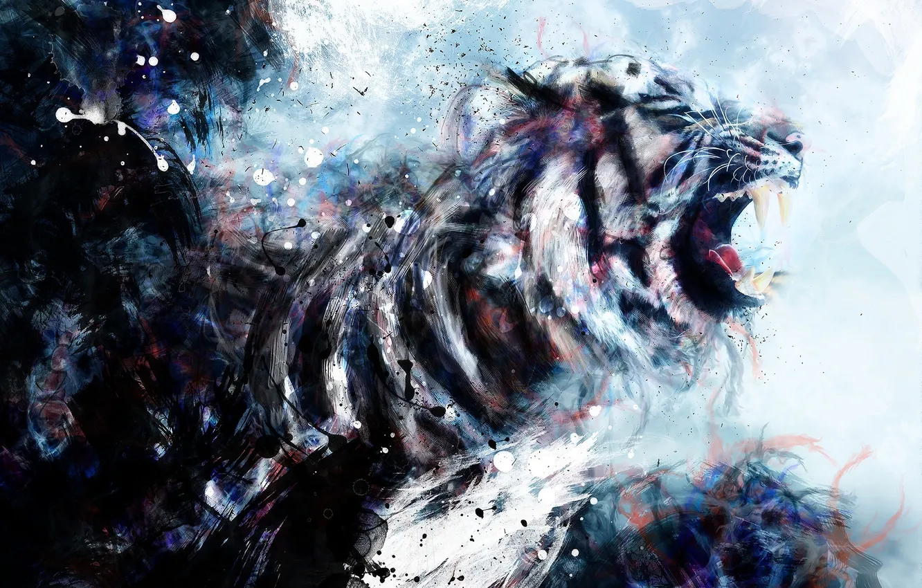Фото обои краски, рисунок, Тигр, пасть, оскал