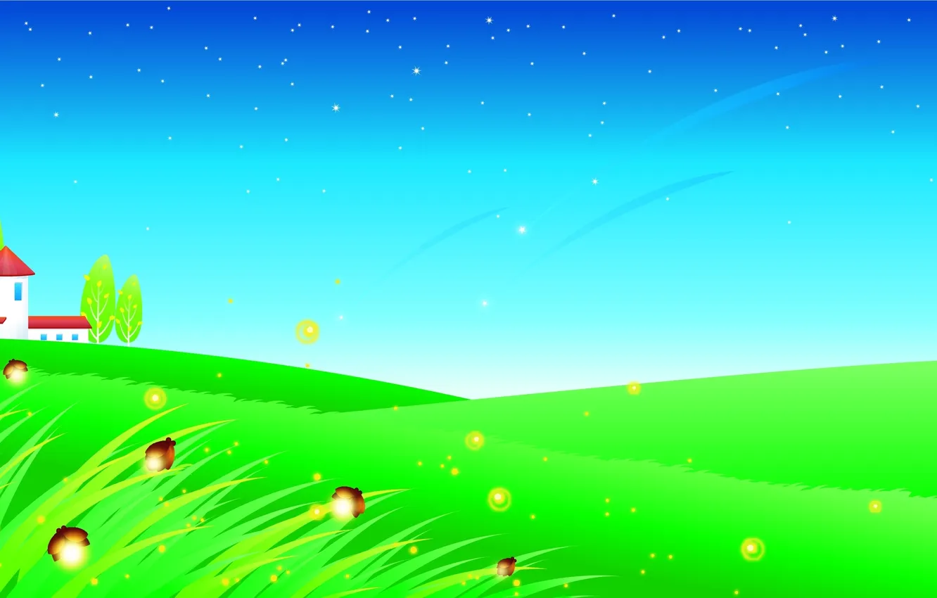 Фото обои трава, деревья, бабочки, светлячки, дома, звёзды