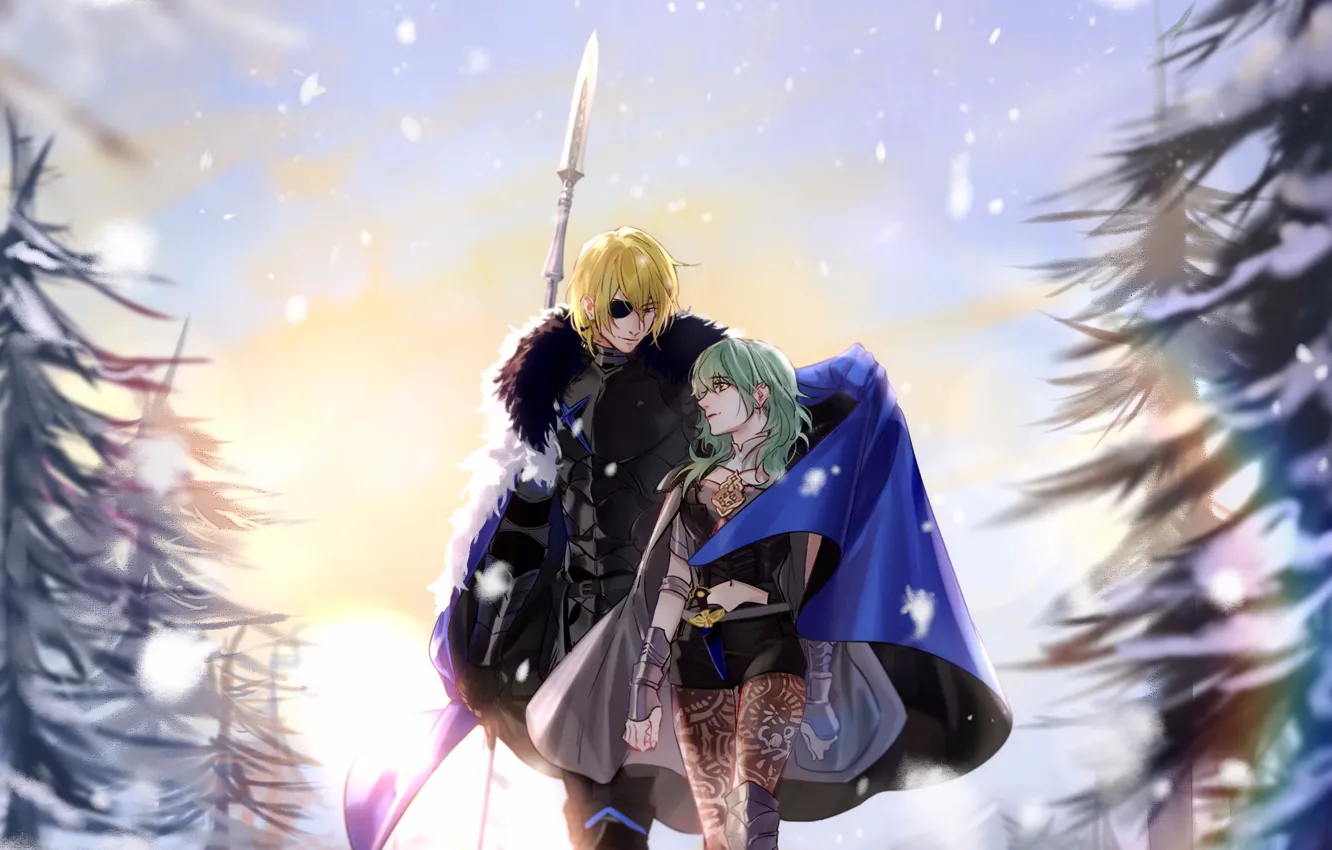 Фото обои зима, девушка, снег, деревья, мужчина, Fire Emblem, Вyleth, Dimitri Alexandre Blaiddyd
