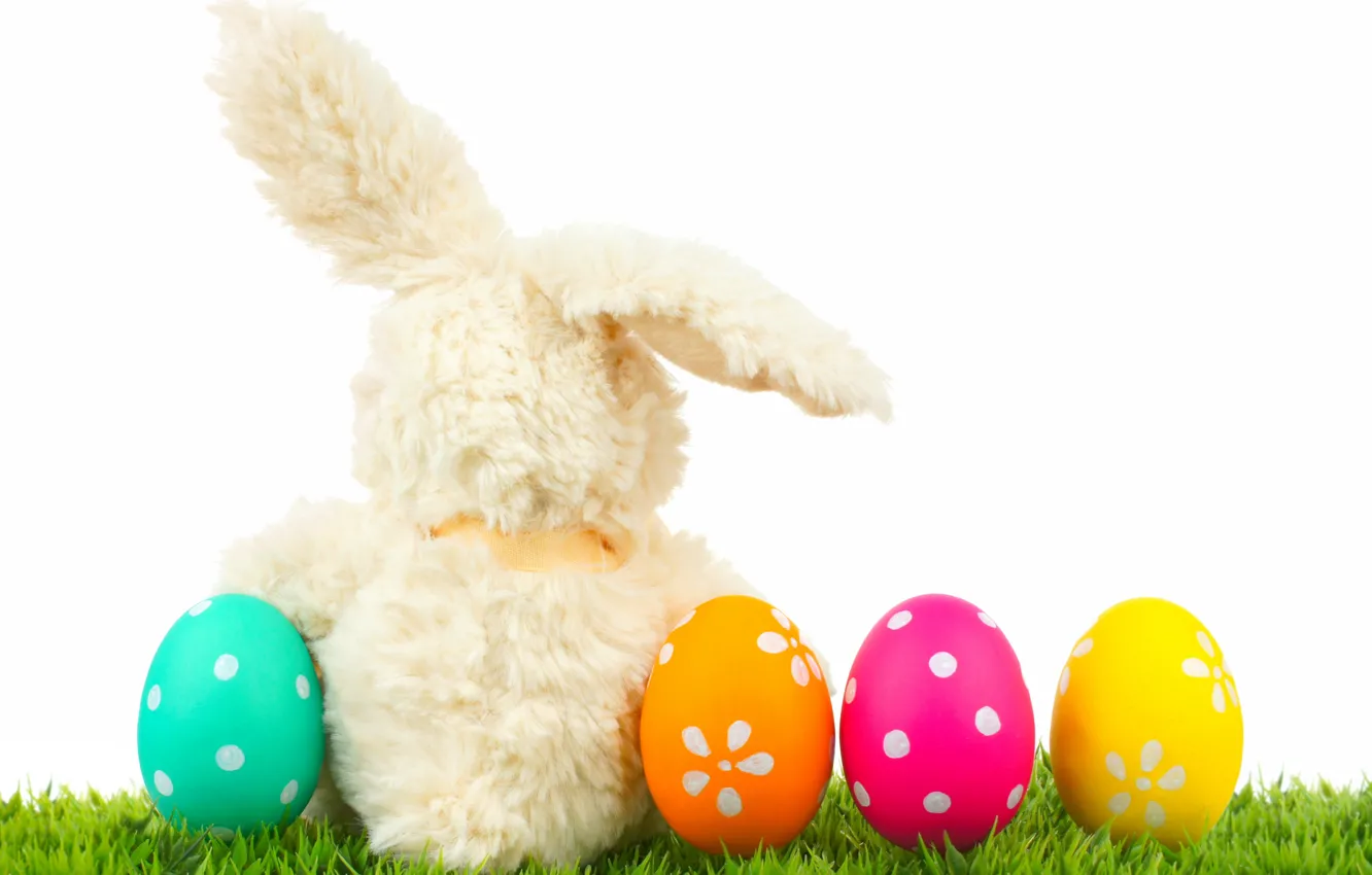 Фото обои трава, кролик, Пасха, spring, Easter, eggs, bunny, Happy