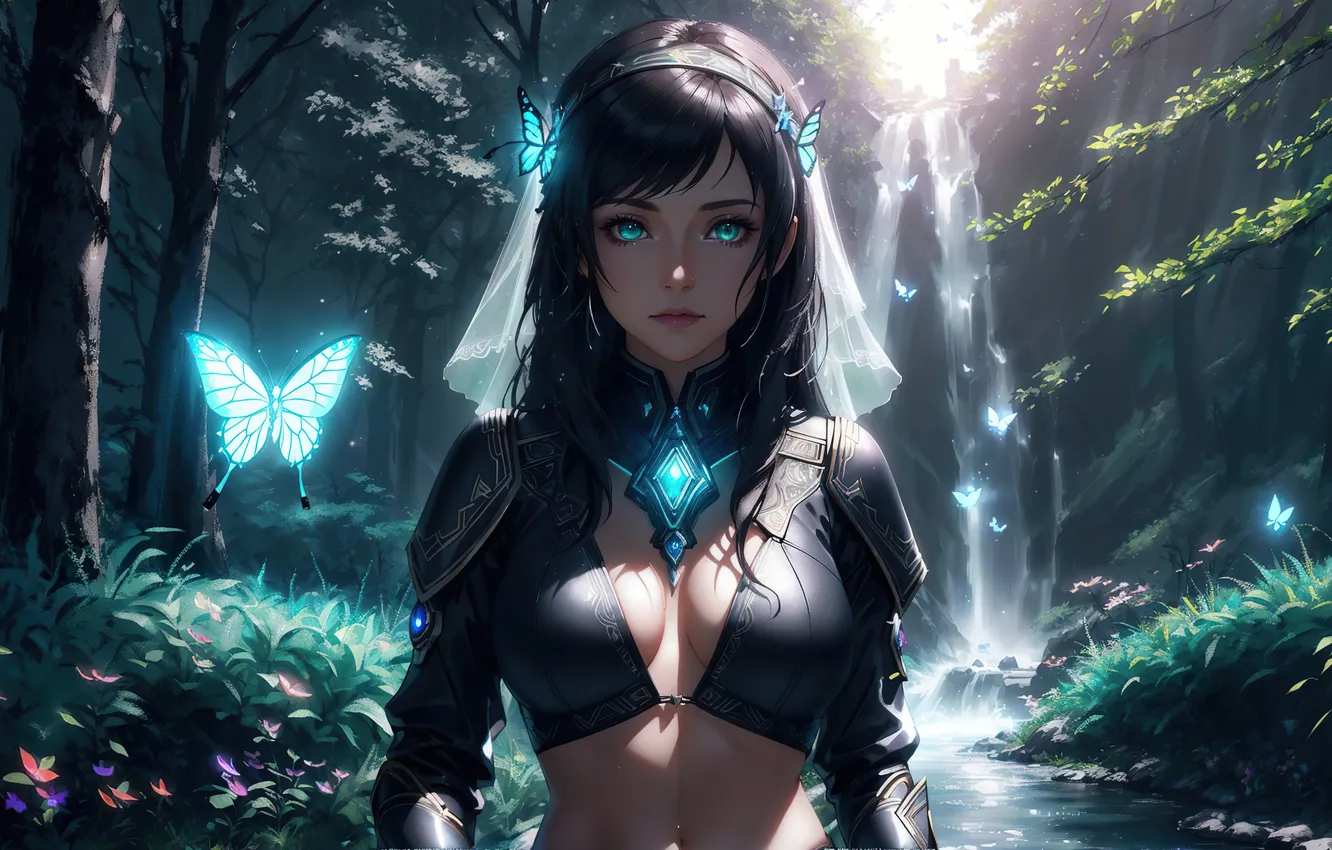 Фото обои girl, fantasy, nature, fairy, art, butterfly, digital art, cute