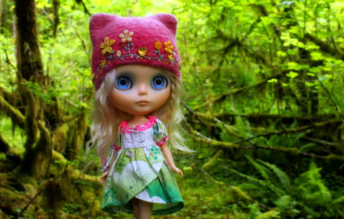 Фото обои лес, шапка, волосы, игрушка, кукла, шапочка