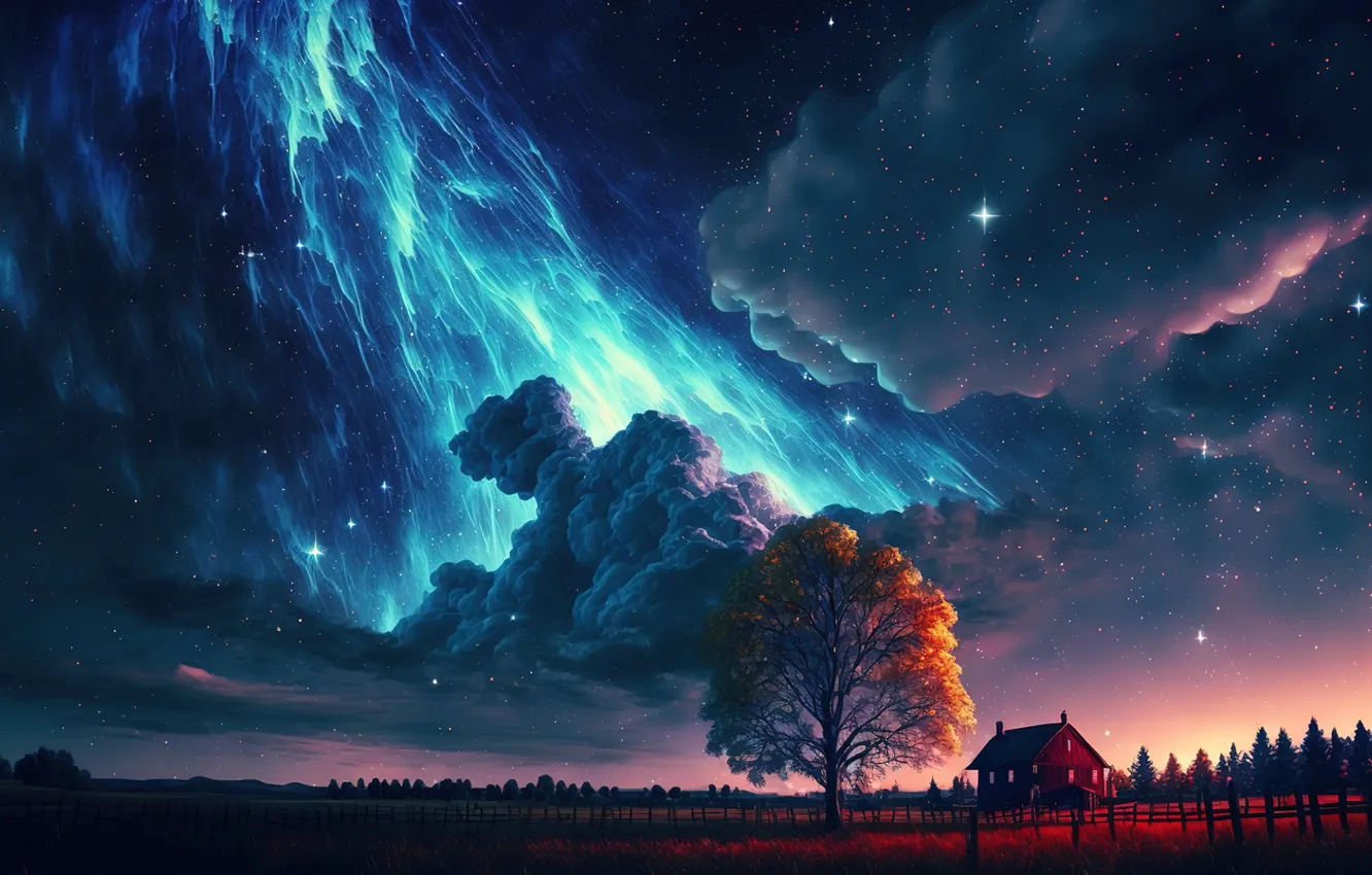Фото обои звезды, облака, пейзаж, ночь, дом, дерево, искуственный интеллект, AI art