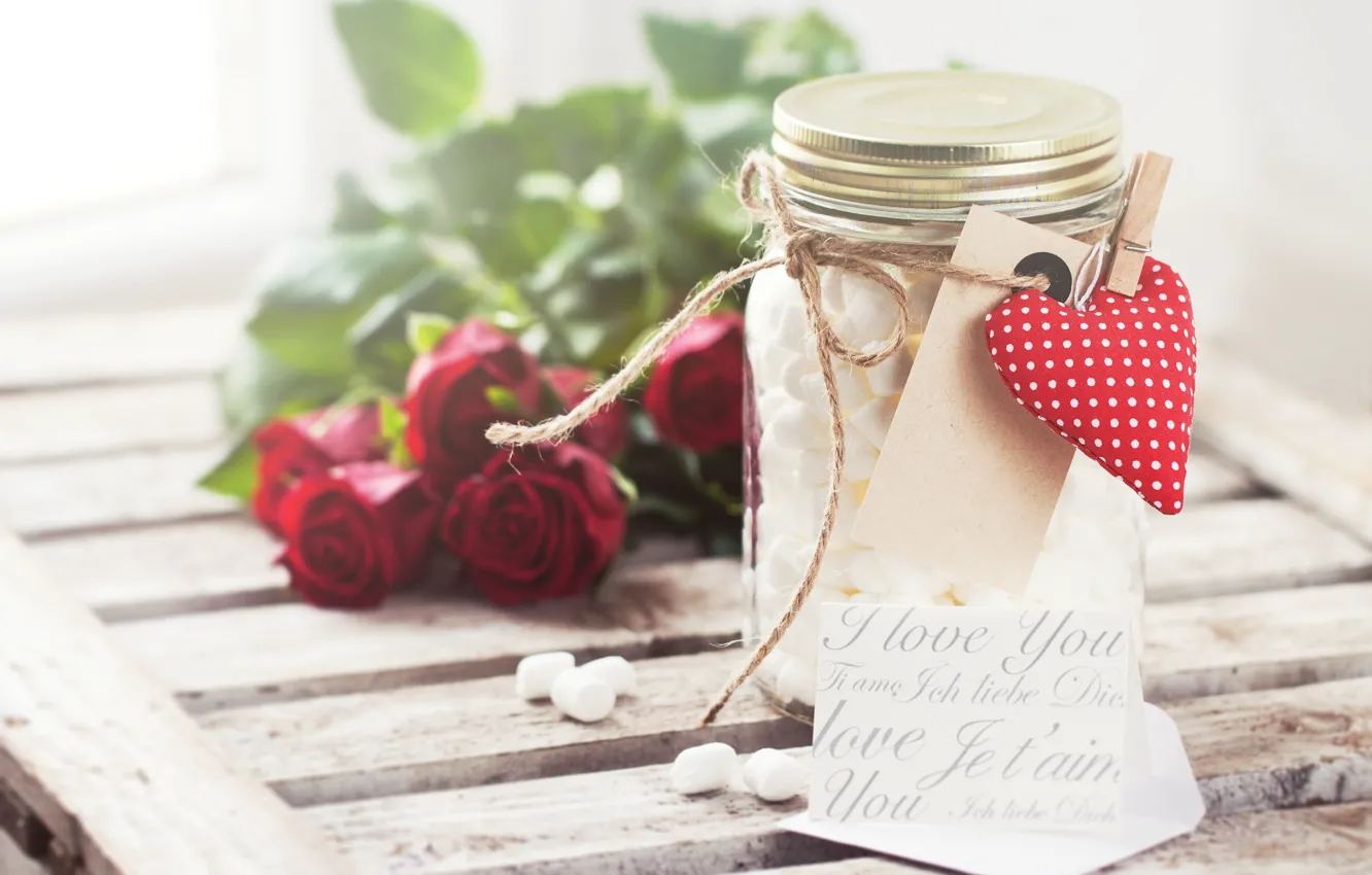 Фото обои розы, сердечки, красные, сердечко, romantic, valentine's day, баночка, маршмеллоу