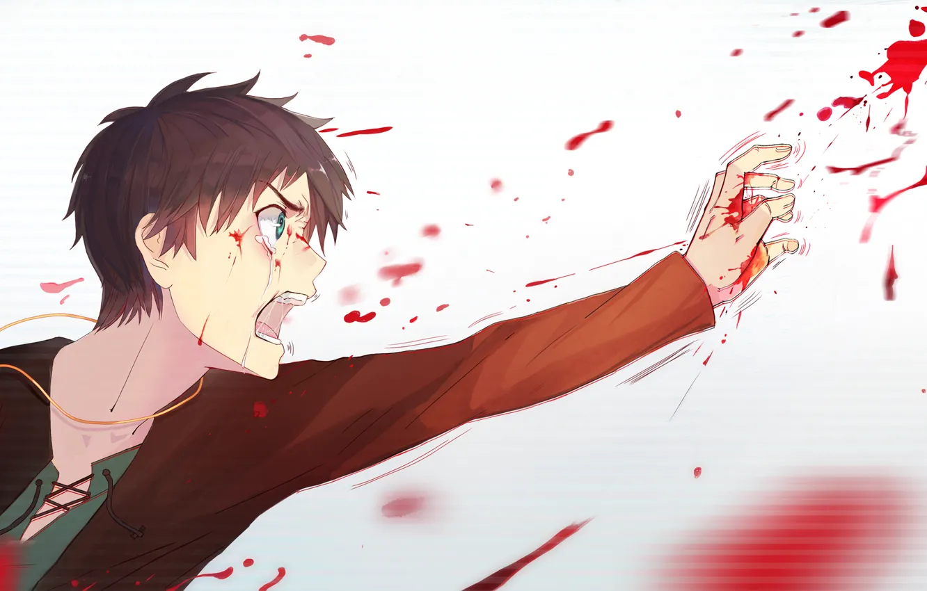 Фото обои белый, кровь, слёзы, Shingeki no Kyojin, Вторжение титанов, Эрен Джаггер