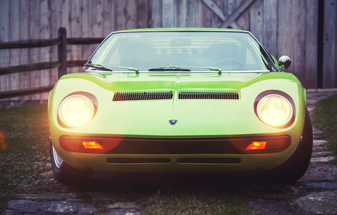 Фото обои Авто, Lamborghini, Ретро, Зеленый, Машина, Свет, Ресницы, 1969
