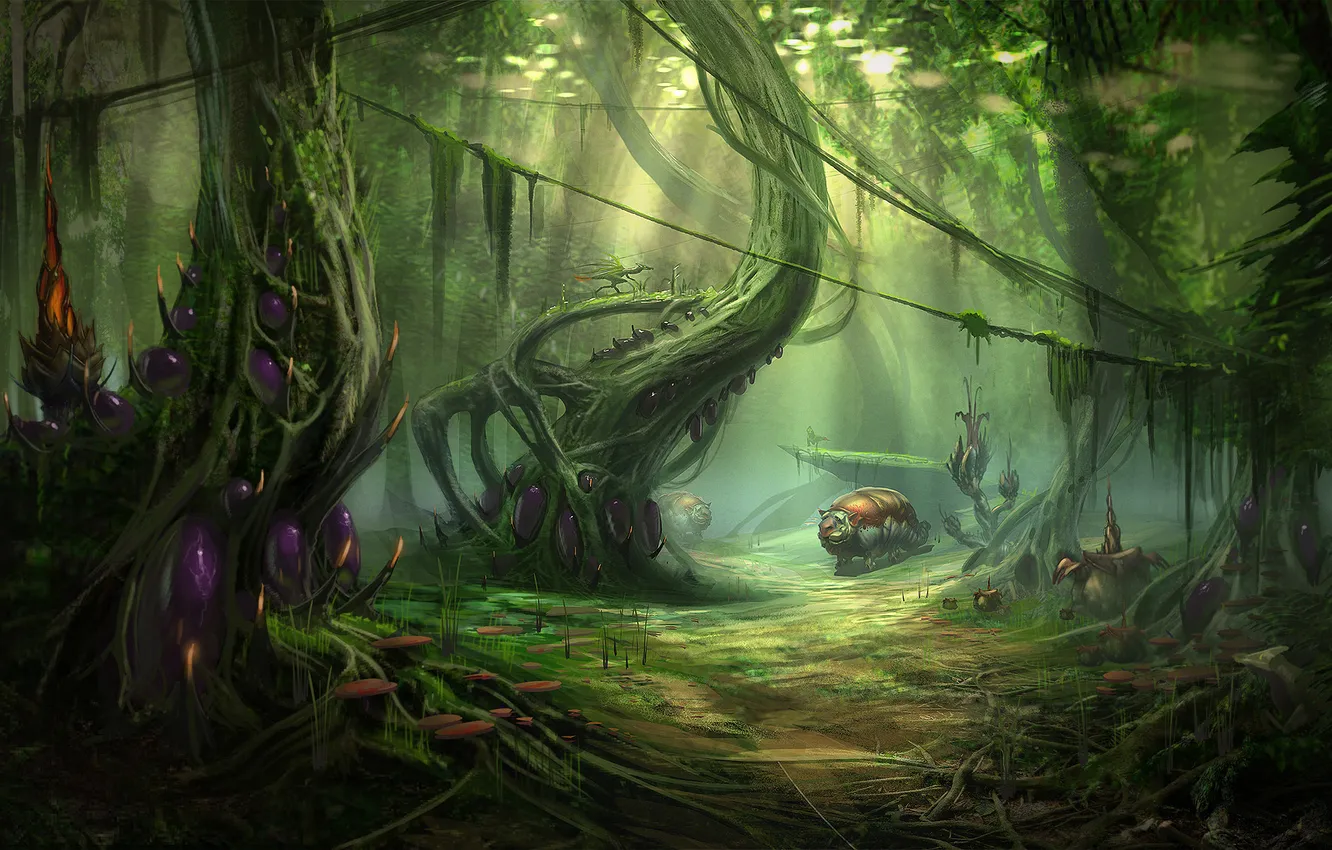 Фото обои лес, деревья, грибы, существо, арт, лианы