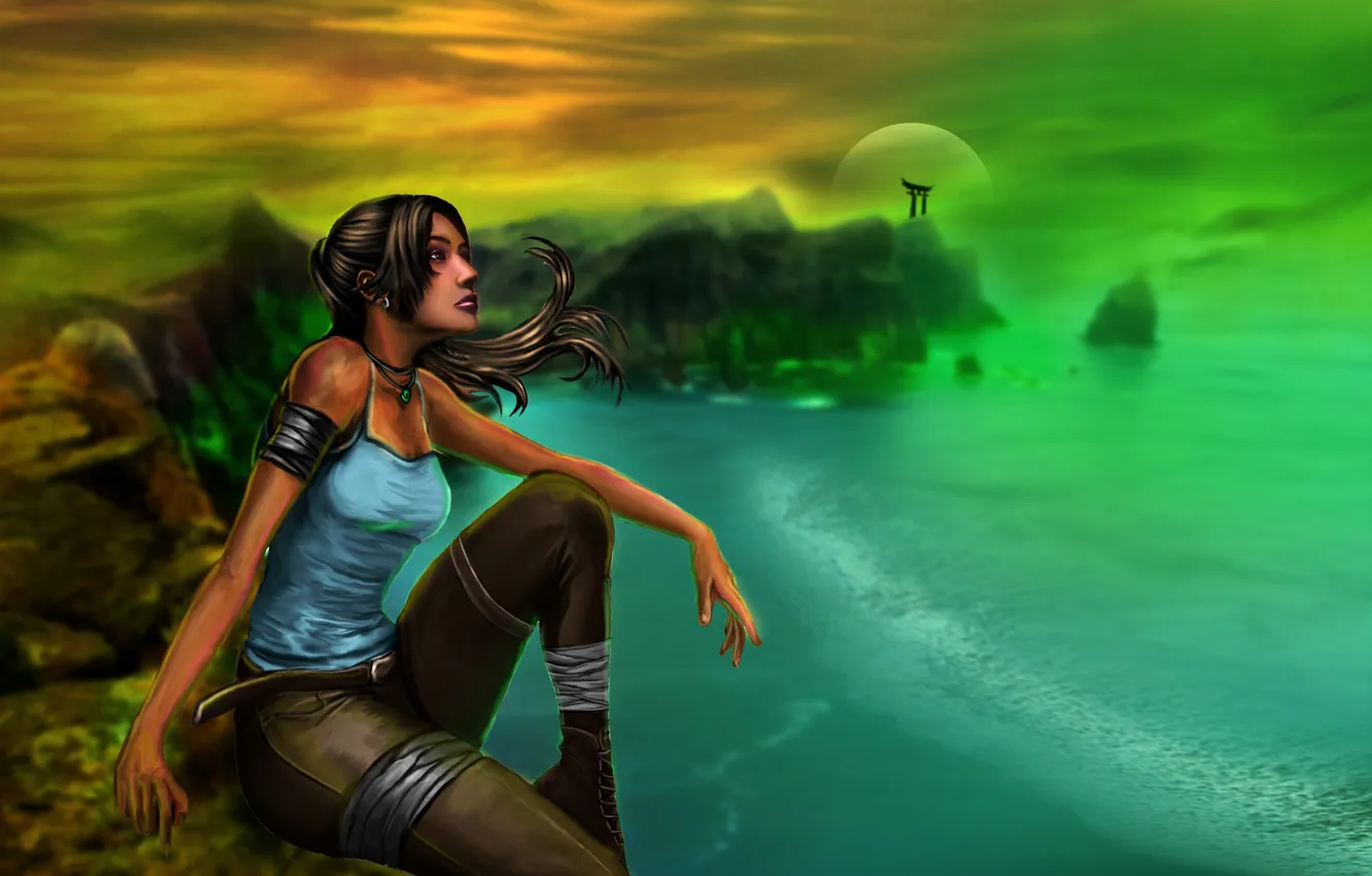 Фото обои море, взгляд, девушка, волосы, остров, арт, сидит, Lara Croft