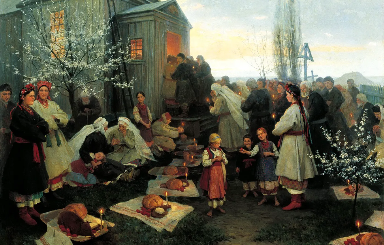 Фото обои Церковь, Люди, Картина, Пасха, Пимоненко Николай, Pimonenko Nikolay, Русско-украинский жанровый живописец, Пасхальная заутреня в Малороссии