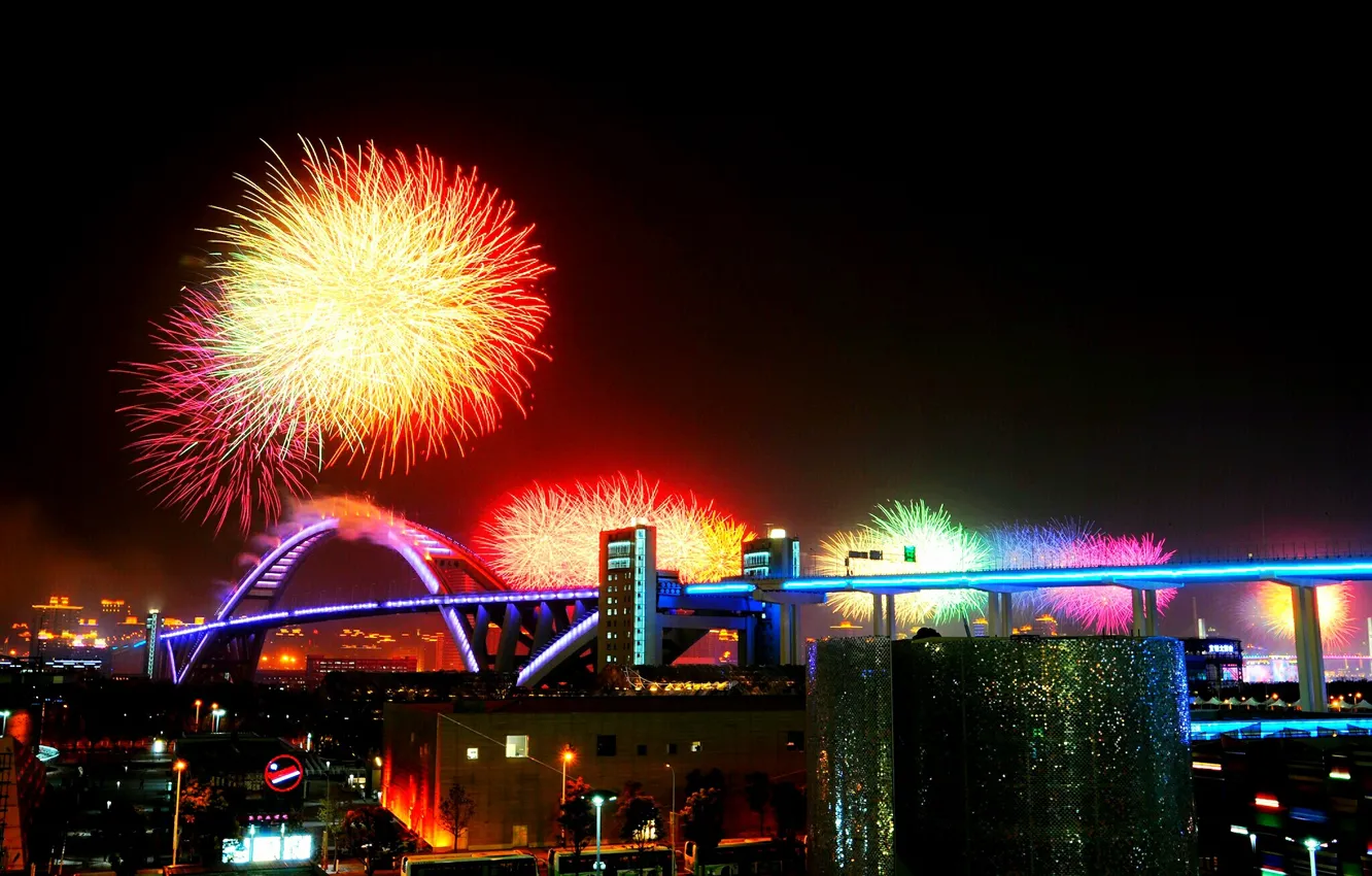Фото обои ночь, мост, праздник, China, салют, Китай, Шанхай, Shanghai expo