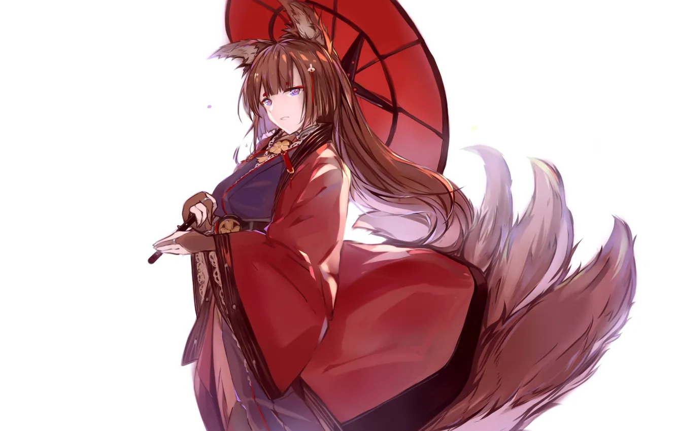 Фото обои белый фон, японская одежда, красный зонт, Amagi, демон-лис, kitsune, Azur Lane, рыжая девочка
