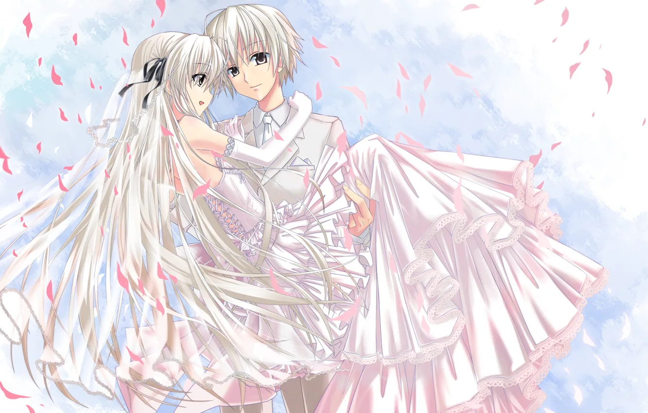 Фото обои девушка, платье, Аниме, парень, невеста, фата, длинные волосы, свадьба