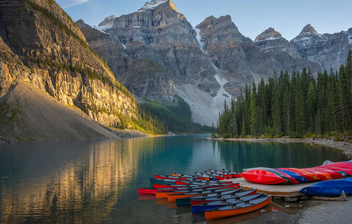 Фото обои Горы, Озеро, Канада, Лодки, Пейзаж, Moraine Lake, Парки