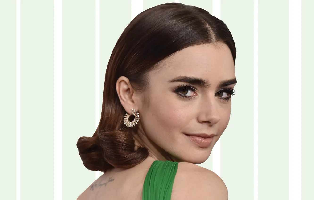 Фото обои взгляд, фон, модель, актриса, hair, Лили Коллинз, Lily Collins