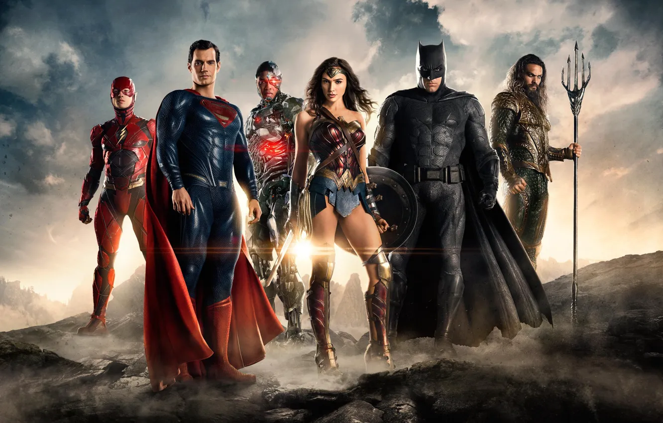 Фото обои Wonder Woman, Batman, Movie, Cyborg, Flash, Aquaman, Justice League, Лига справедливости