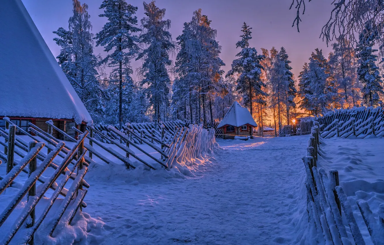 Фото обои зима, снег, деревья, закат, забор, избушка, Финляндия, Finland