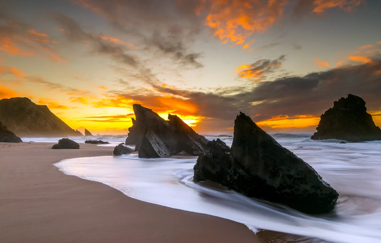 Фото обои море, закат, скалы, берег