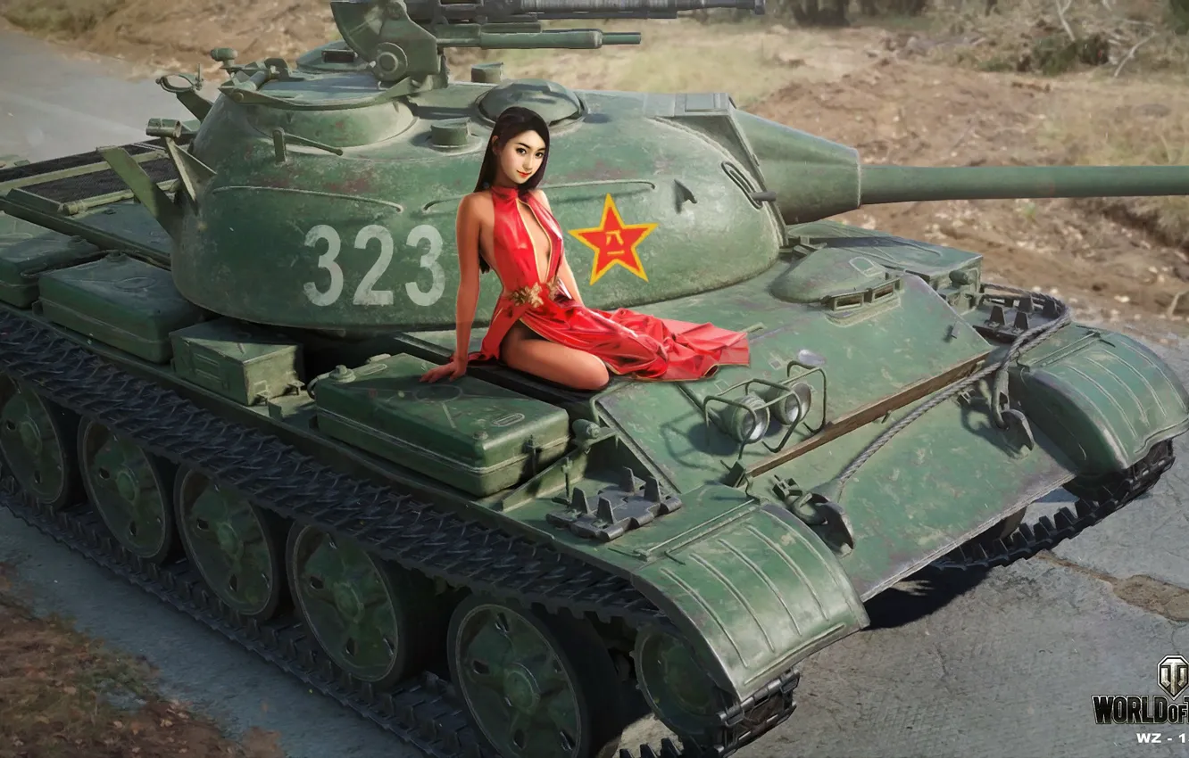 Фото обои дорога, девушка, рисунок, легкий, платье, арт, танк, азиатка