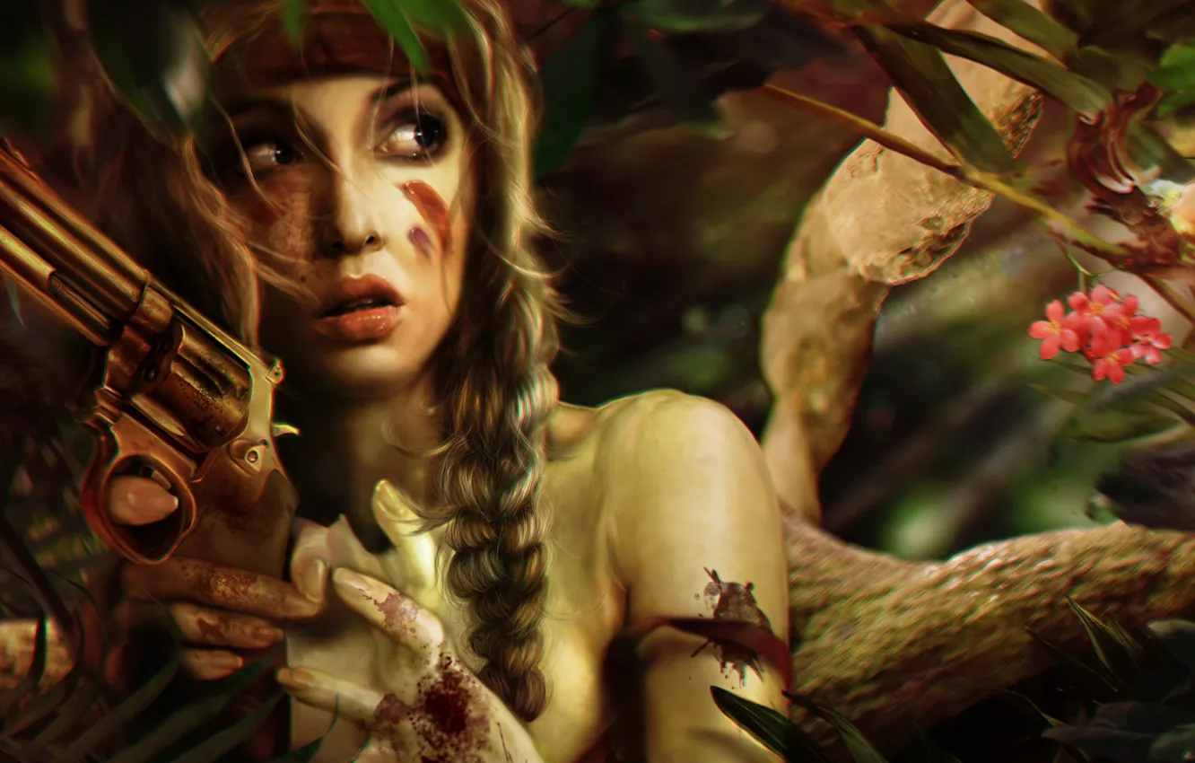 Фото обои девушка, деревья, лицо, оружие, страх, фантастика, кровь, волосы