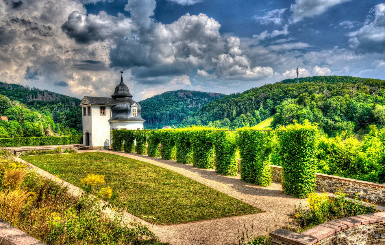 Фото обои небо, солнце, деревья, природа, HDR, часовня, Germany, Stolberg