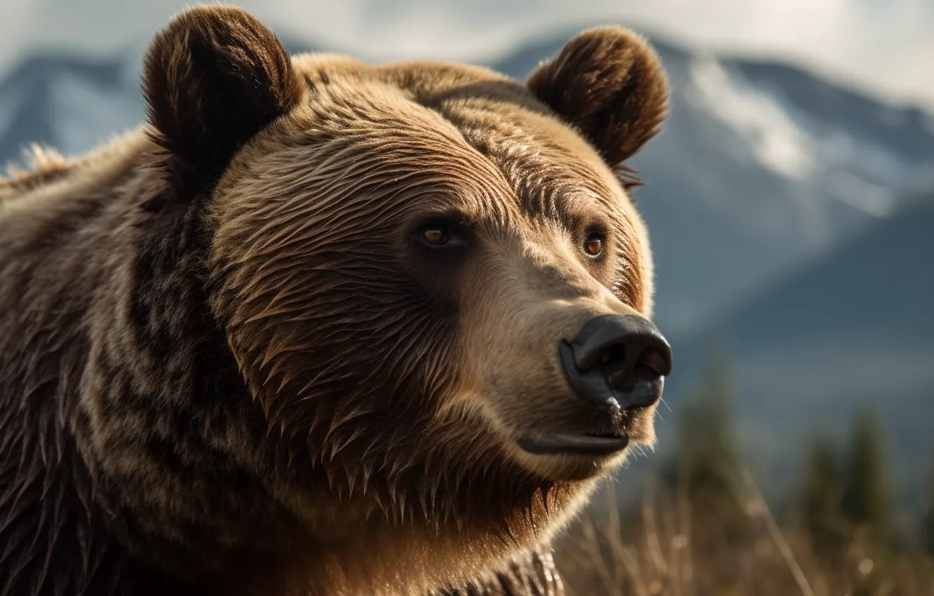 Фото обои морда, горы, портрет, медведь, цифровое искусство, ИИ-арт, Искусство искусственного интеллекта, НЕЙРОСЕТЬ